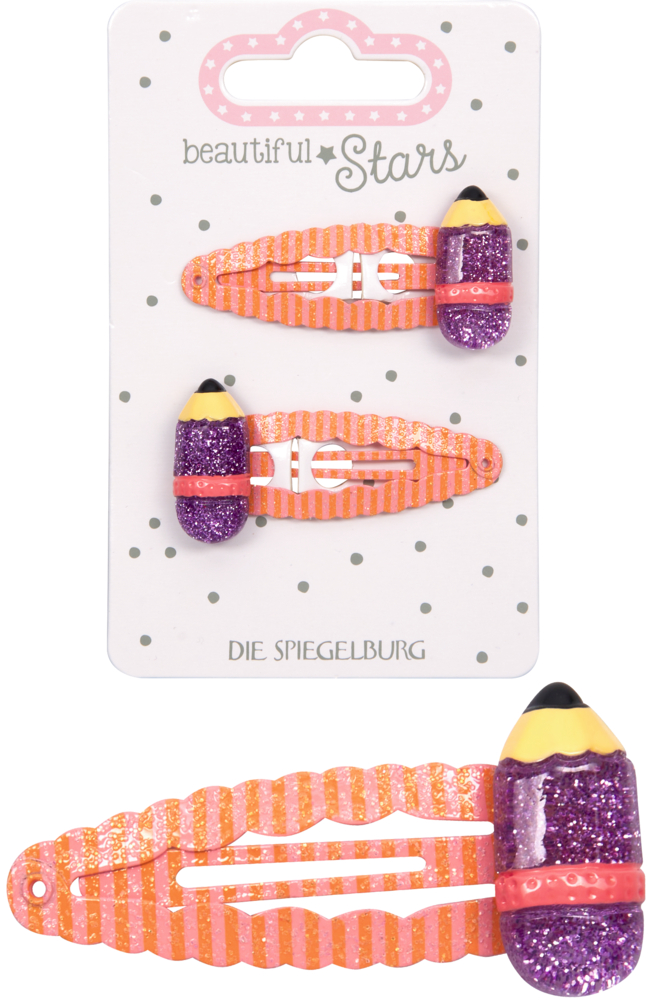 Zwei glitzernde Haarspangen in Orange mit lilafarbenem Stiftmotiv und Streifenmuster, dadrüber diese zwei Haarspangen auf der Produktverpackung.
