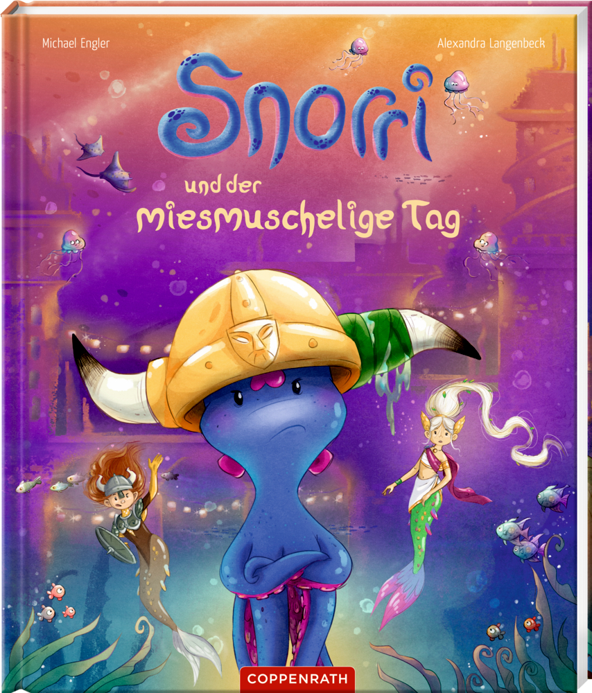 Buchcover mit blauem Kraken mit Wikingerhelm und zwei Meereswesen vor buntem, unterwasserartigem Hintergrund.