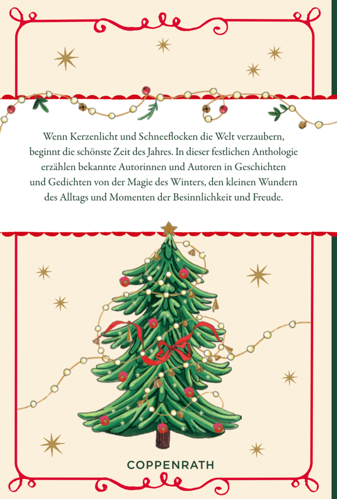 Geschmückter Weihnachtsbaum mit Stern, Kugeln, Girlanden und roten Bändern auf beigem Hintergrund mit goldenen Sternen.