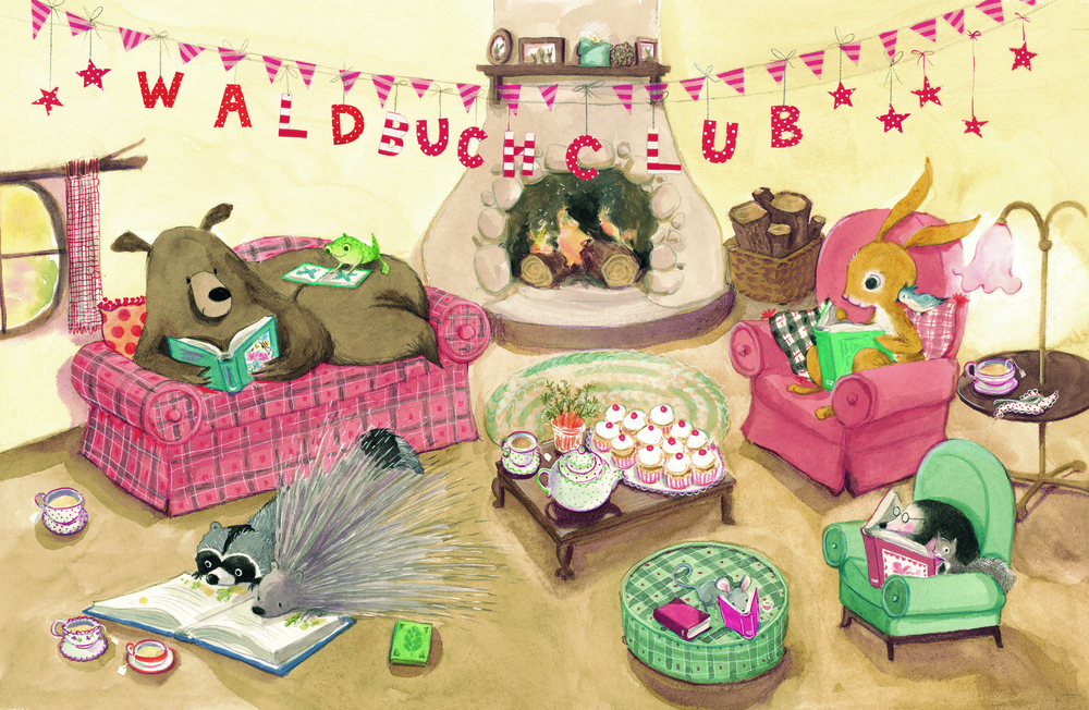 Tiere lesen Bücher vor einem Kamin in einem gemütlichen Raum mit einem „Wald Buch Club“-Banner.