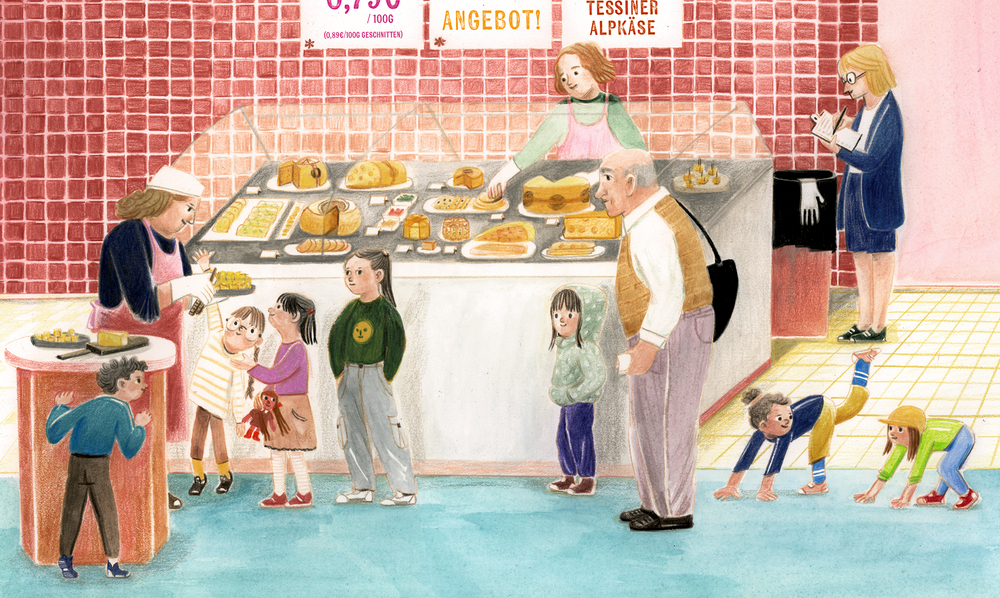 Kinder und Erwachsene stehen an der Theke einer Bäckerei Schlange, während drei Kinder in der Nähe auf dem Boden spielen.
