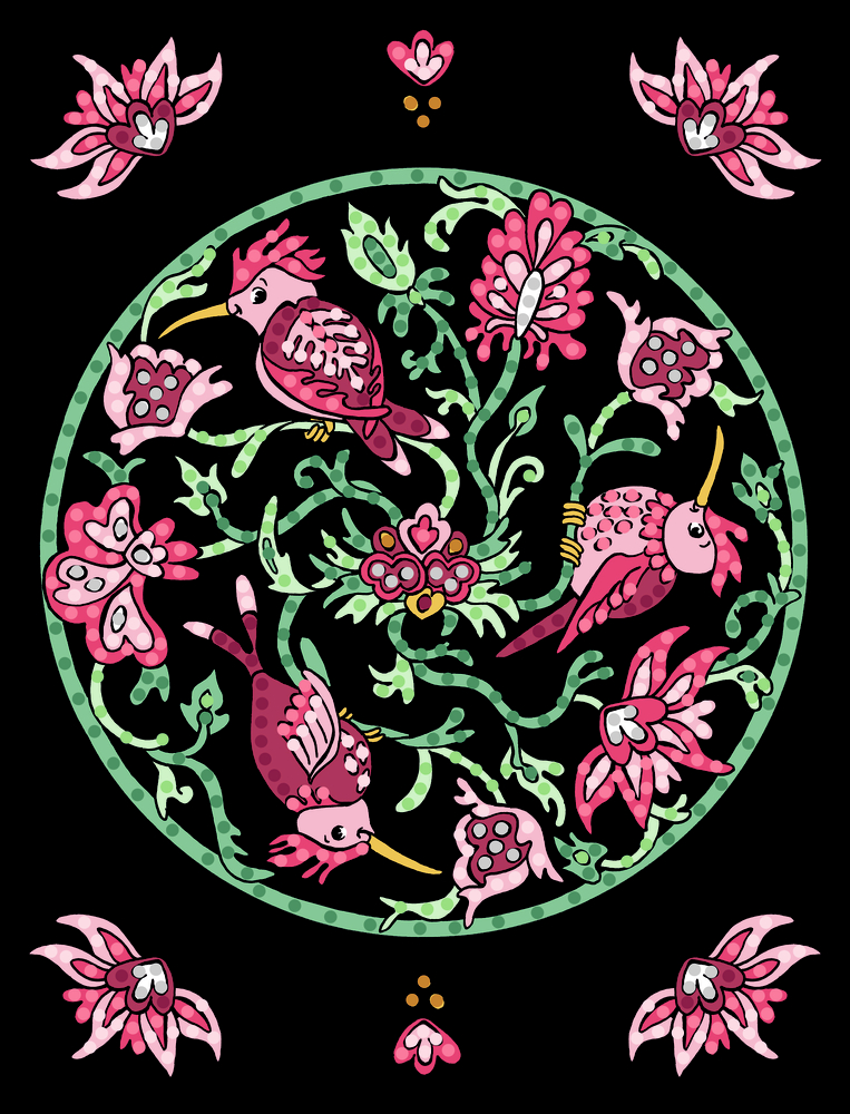 Pinke Vögel und rosa Blüten mit grünen Blättern, kreisförmig angeordnet auf schwarzem Hintergrund.