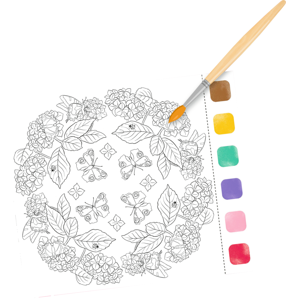 Blumen, Schmetterling, Malpinsel und sechs quadratische Wasserfarben nebeneinander sichtbar.
