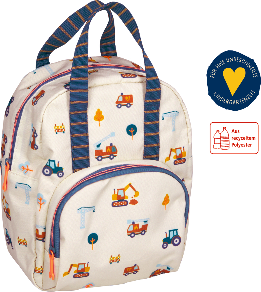 Kinderrucksack mit Bau- und Fahrzeugmotiven, dunkelblauen Trägern und orange-blauen Reißverschlüssen.
