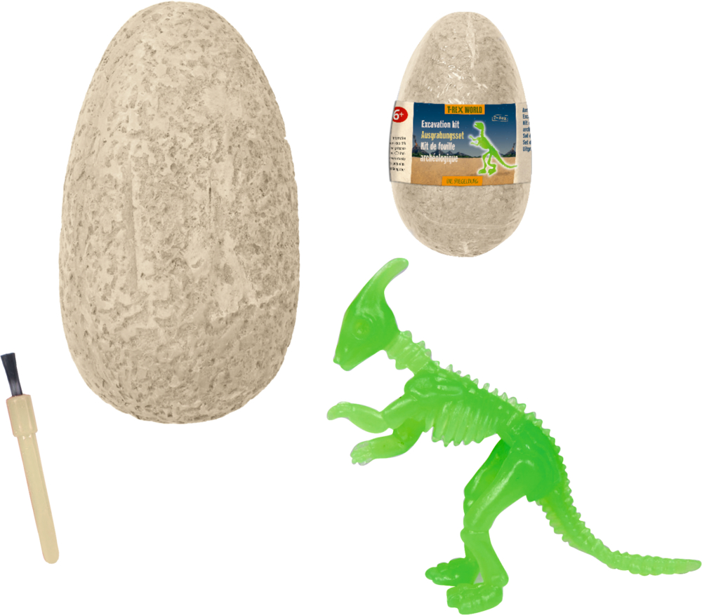 Graues Ausgrabungsei, kleiner Spatel mit Pinsel und grünes Dinosaurierskelett-Spielzeug. Im Hintergrund Ei mit Banderole drum.