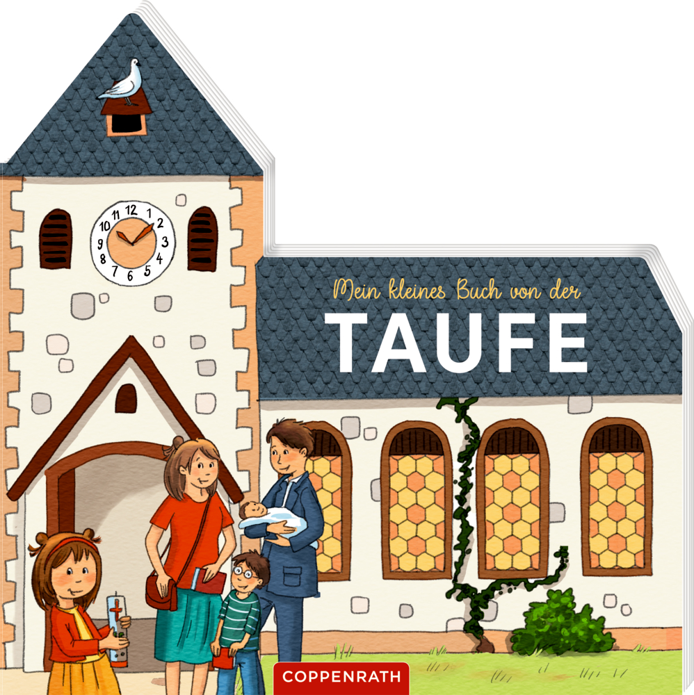 Eine Familie steht vor einer Kirche und hält ein Baby zur Taufe im Arm, auf dem Cover von „Taufe“.