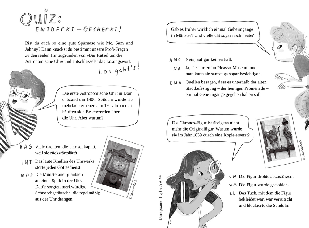Drei Kinder auf einer Seite mit Quizfragen über Münster und eine astronomische Uhr.
