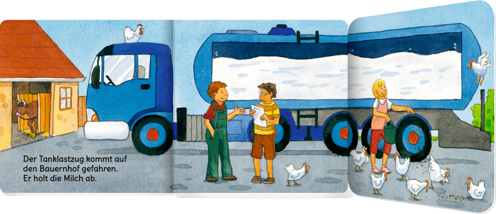 Milchtankwagen auf einem Bauernhof mit Kindern, einem Mann und Hühnern in der Nähe.