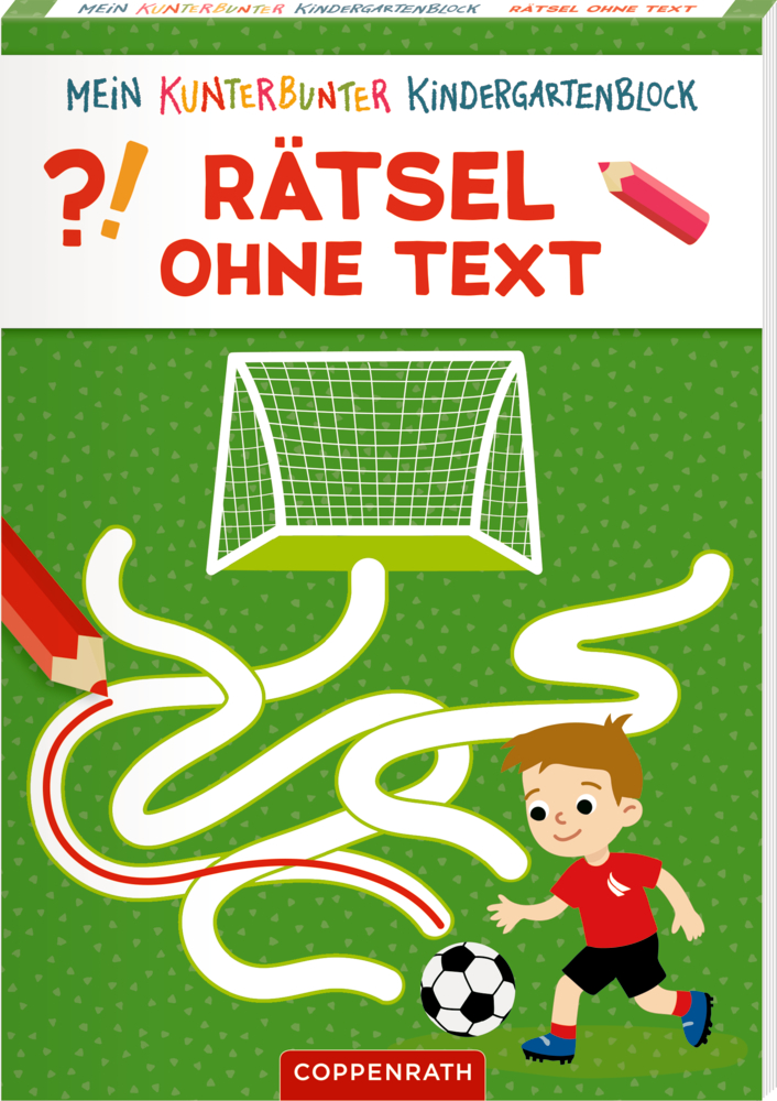 Buchcover mit rotem Stift, Labyrinth, Tor und spielendem Kind mit Fußball auf grünem Hintergrund.