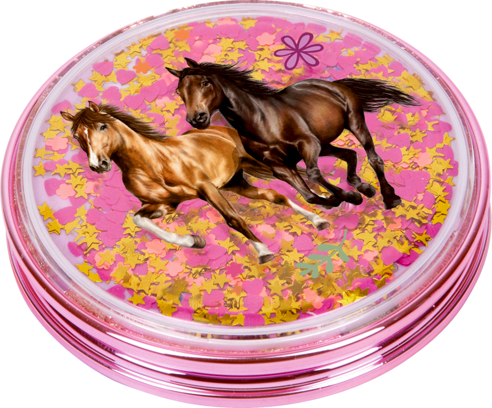 Flache, rosa Dose mit zwei galoppierenden Pferden und gelbem sternförmigen Konfetti.