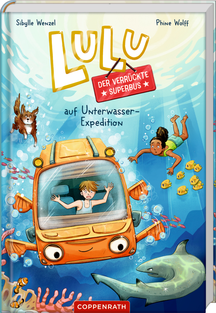 Kinderbuch-Cover mit Illustration eines orangefarbenen U-Busses unter Wasser mit Kindern, Hund, Fischen und Hai.