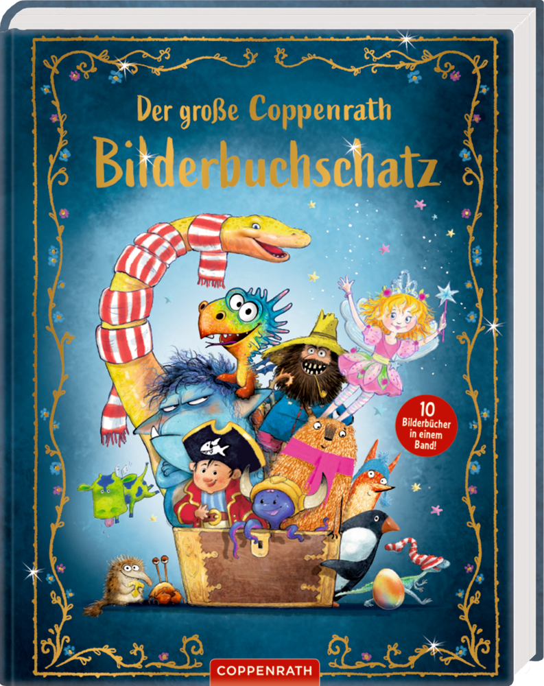 Buchcover mit Fantasiefiguren wie Pirat, Fee, Drache, Dinosaurier und weiteren bunt gestalteten Charakteren um eine Schatzkiste.