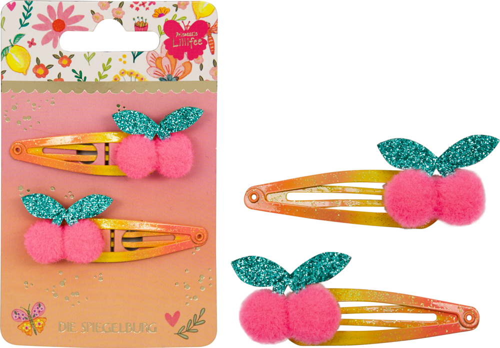 Zwei orange-gelbe Haarspangen mit rosa Pompon-Kirschen und glitzernden grünen Blättern auf einer bunten Kartonkarte.