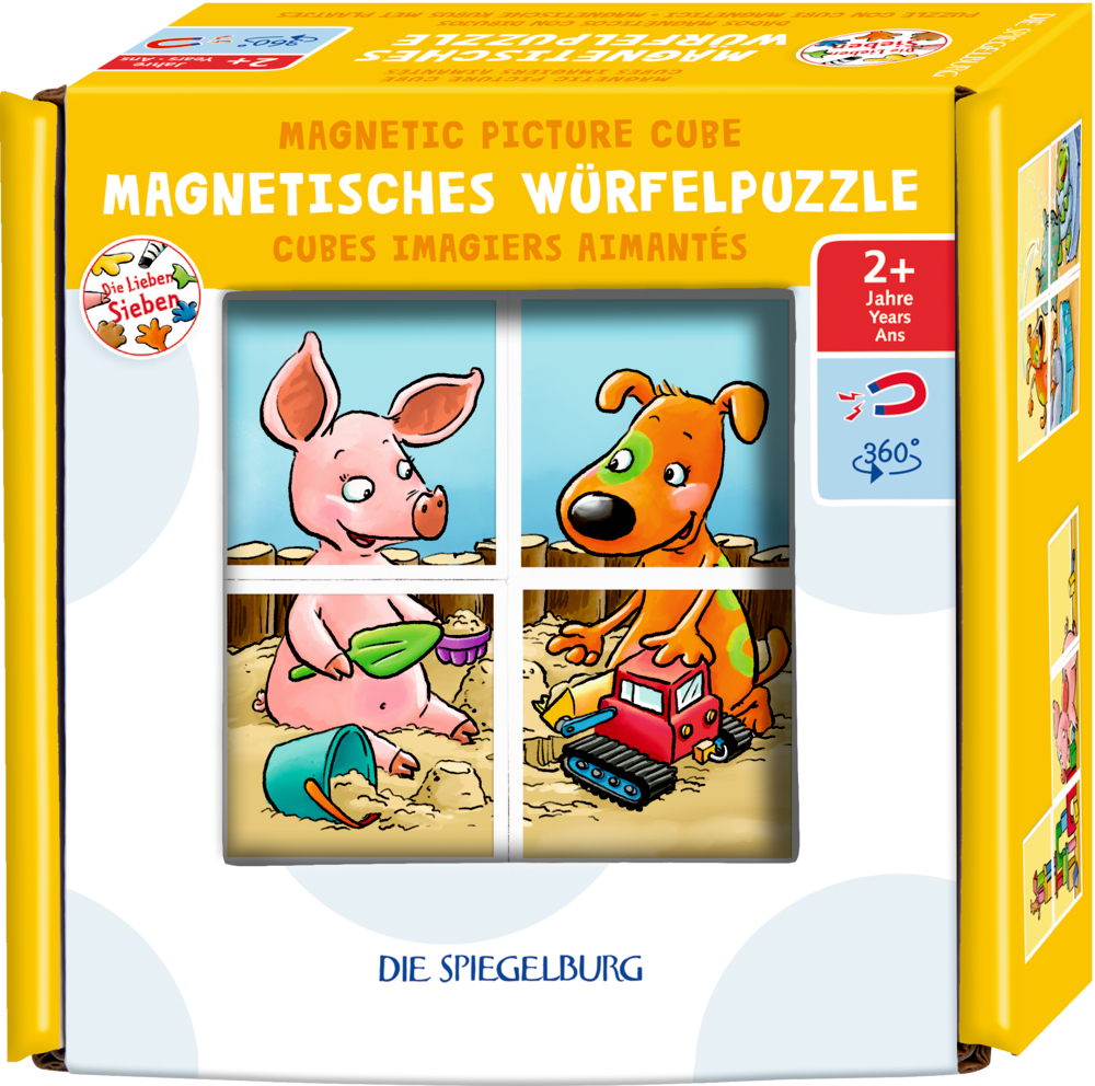 Magnetische Bilderwürfel-Puzzlebox: Schwein und Hund spielen mit einem Spielzeug-LKW in einem Sandkasten.