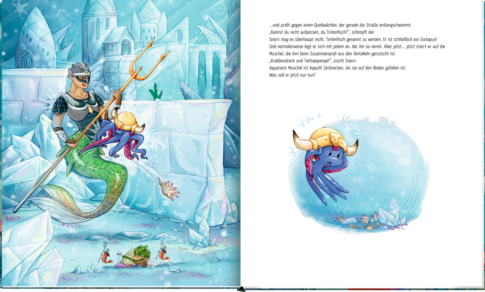 Quellwächter mit Dreizack und Helm stößt mit einem Sixtopus in einer eisigen Unterwasserszene zusammen, auf einer illustrierten Doppelseite mit  Text.