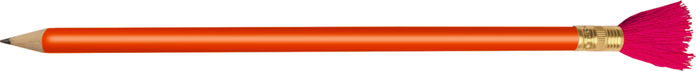 Orangefarbener Bleistift mit goldener Zwinge, pinkfarbener Quaste anstelle des Radiergummis, auf weißem Hintergrund.