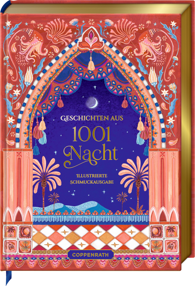 Buch „Geschichten aus 1001 Nacht“ mit farbig verzierter orientalischer Rahmung, Palmen, Halbmond und Sternen auf blauem Hintergrund.
