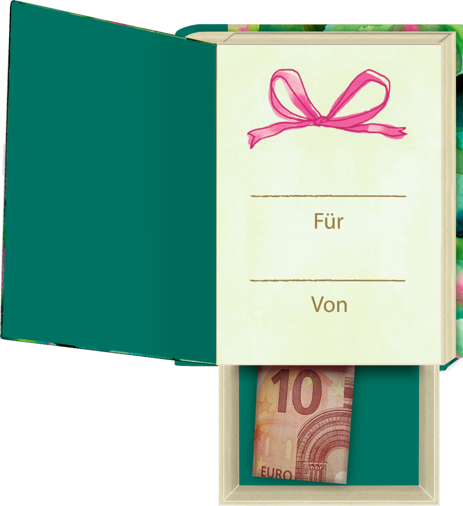 Geöffnete Geschenkbox in Buchform, Karte innenliegend, 10-Euro-Schein in verstecktem Fach.