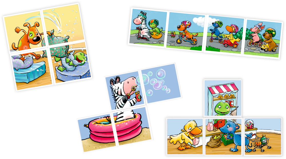 Vier Cartoon-Tier-Puzzle-Sets, jedes mit spielerischen Szenen mit verschiedenen Tieren.