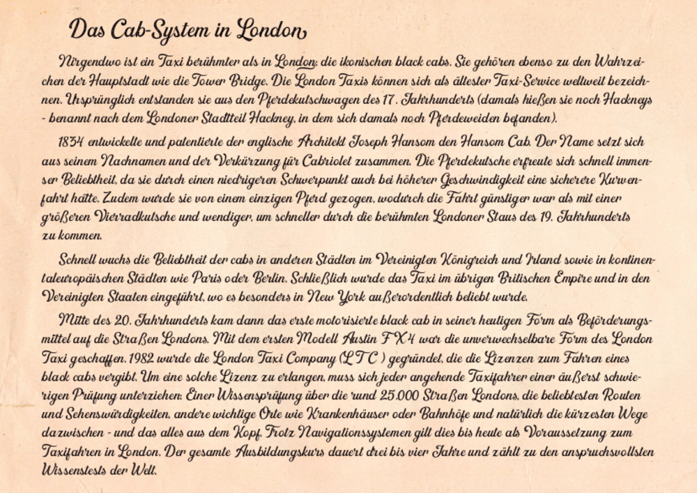 Ein Text in Sepiatönen beschreibt ausführlich die Geschichte des Londoner Taxisystems.