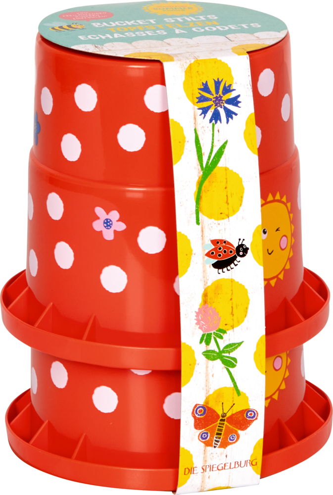 Zwei rote Eimer mit weißen Punkten, verziert mit bunten Blumen- und Insektenillustrationen auf einem Papieretikett.