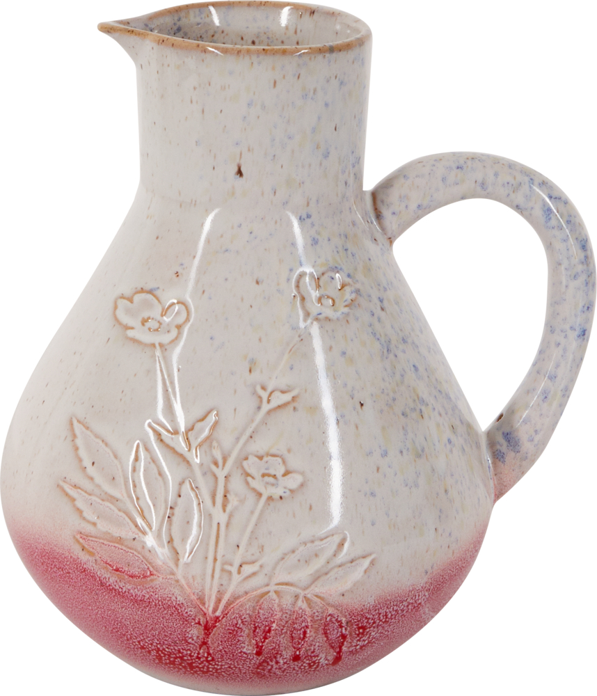 Creme-weißer Keramikkrug mit dezenter Blumengravur und rosarotem Boden.
