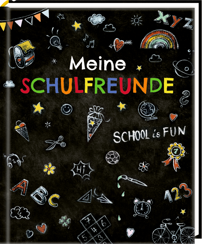 Meine Schulfreunde: Buntes Cover mit Schul-Motiven, Doodles auf schwarzem Tafel-Hintergrund.