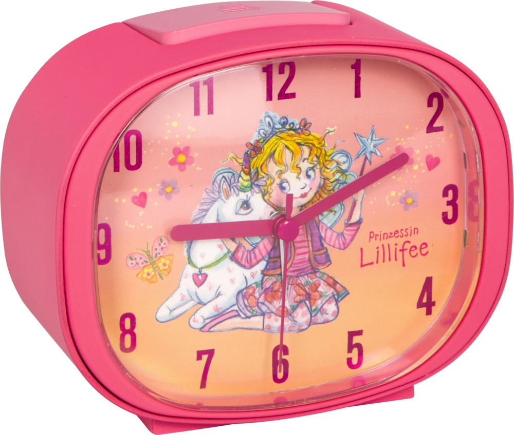 Rosa Wecker mit Prinzessin und Einhorn auf dem Zifferblatt, rosa Stunden- und Minutenzeiger.