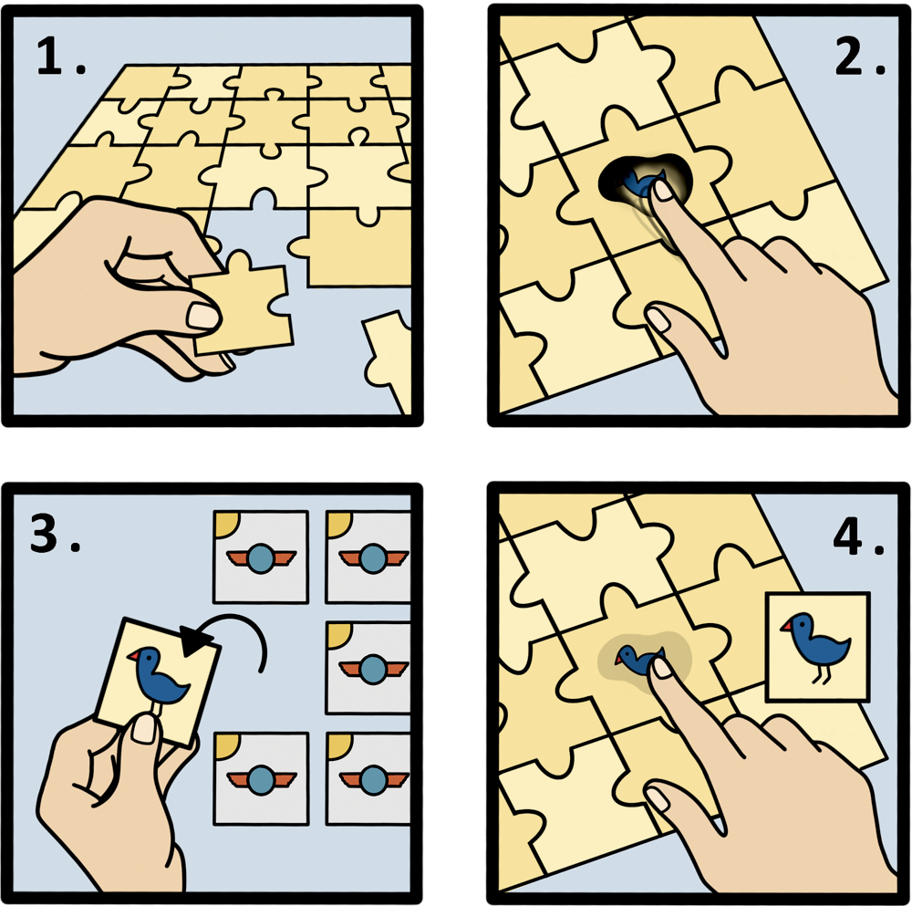 Vier Bilder mit Händen, Puzzleteilen und einem Vogelmotiv stellen die Funktionsweise des Puzzles dar.