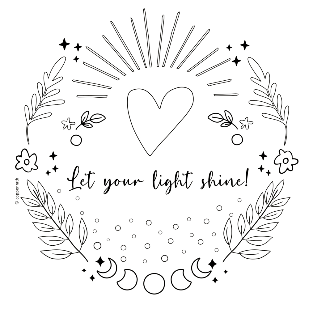 Herz-Strichzeichnung mit Sonnenstrahlen, Blättern, Monden, Sternen und „Let your light shine!“ in Schreibschrift.