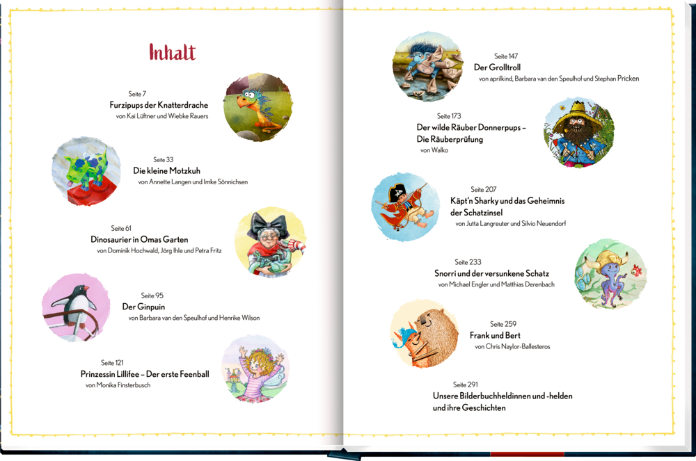 Illustrierte Doppelseite mit farbigen Kreisen zu Kinderbuchfiguren und einer Liste von Titeln und Seitenzahlen.