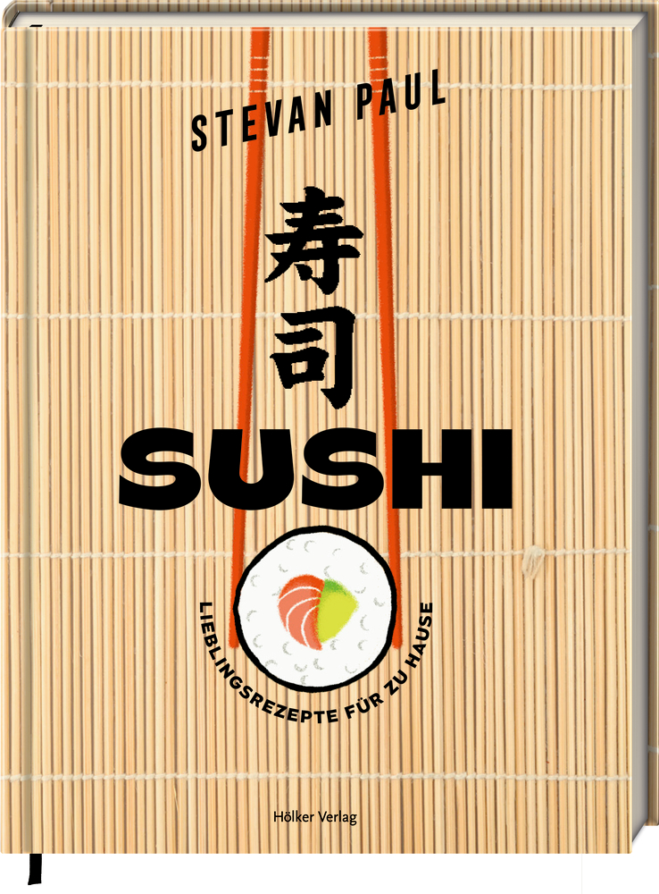 Buchcover: Bambusmatten-Hintergrund, Sushi-Illustration und der Titel „Sushi“ von Stevan Paul.