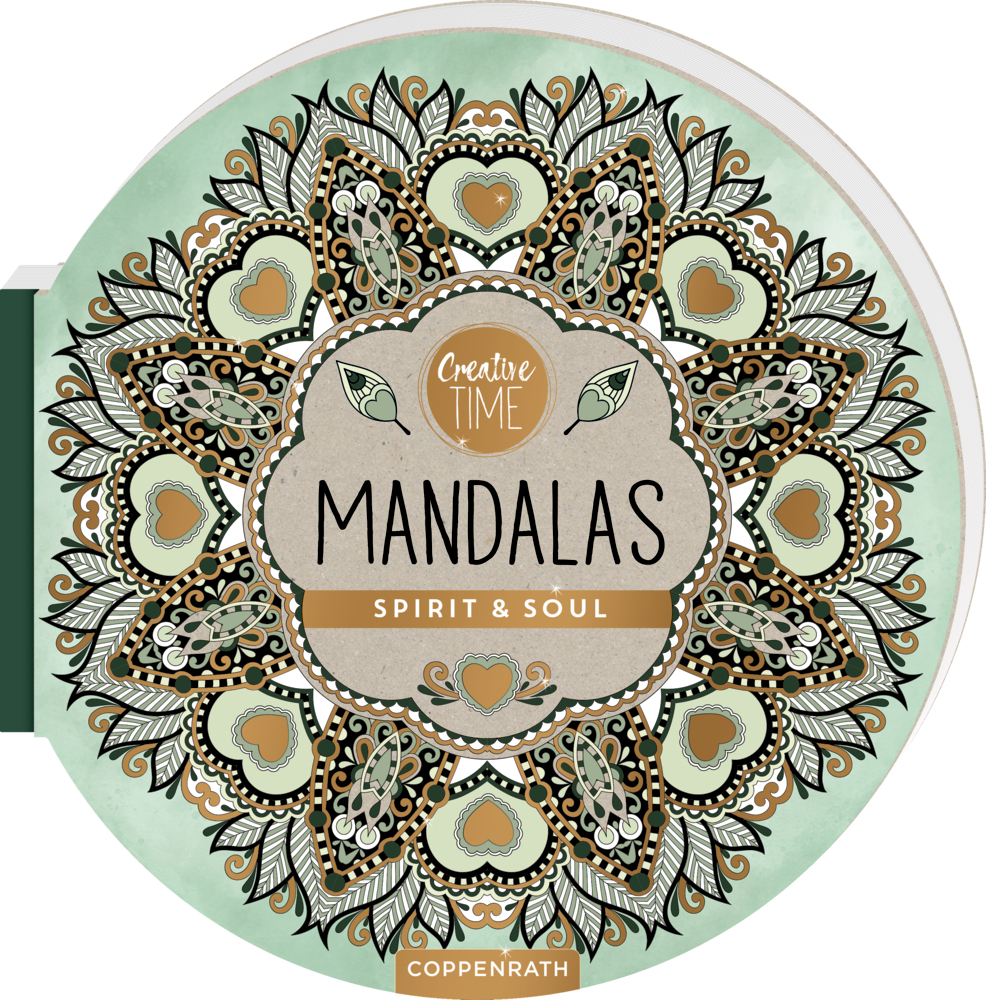 Kompliziertes Mandala mit Herzen und Blättern, beschriftet mit „Mandalas Spirit & Soul“ auf mintgrünem Hintergrund.