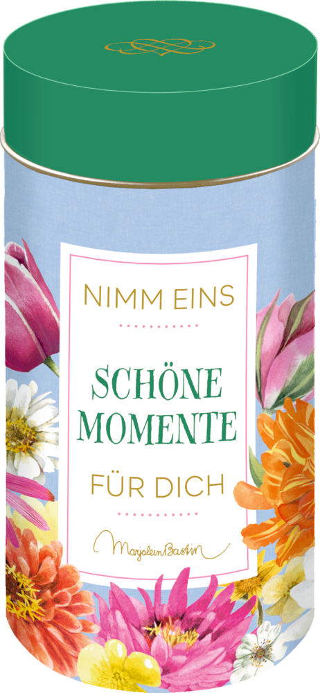 Bunte Dose mit Blumenmuster. Auf dem Etikett steht: Nimm eins. Schöne Momente für dich.