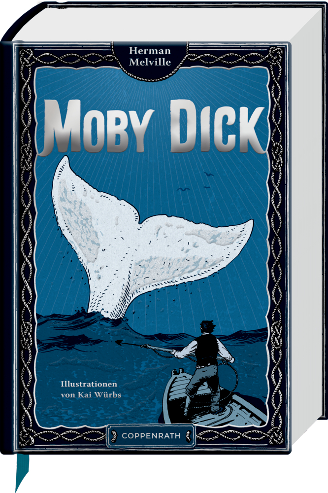 Blaues Buchcover von Moby Dick auf dem ein Matrose im Boot steht im Ozean einem großen weißen Walkoloss gegenüber.