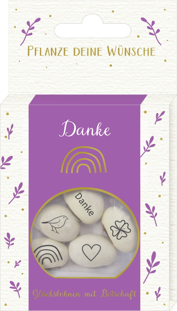 Die lila Danke-Packung enthält weiße Bohnen mit aufgedruckten Symbolen und deutschen Wörtern.