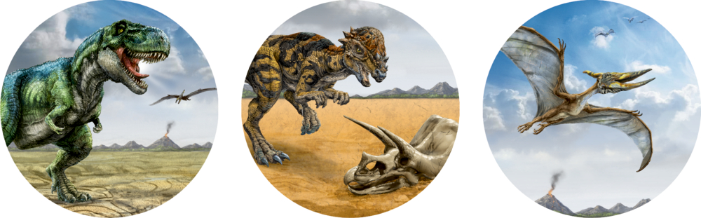 Drei Kreise mit Dino-Motiven: T. Rex, Pachycephalosaurus mit Triceratops-Schädel und ein fliegender Pteranodon.