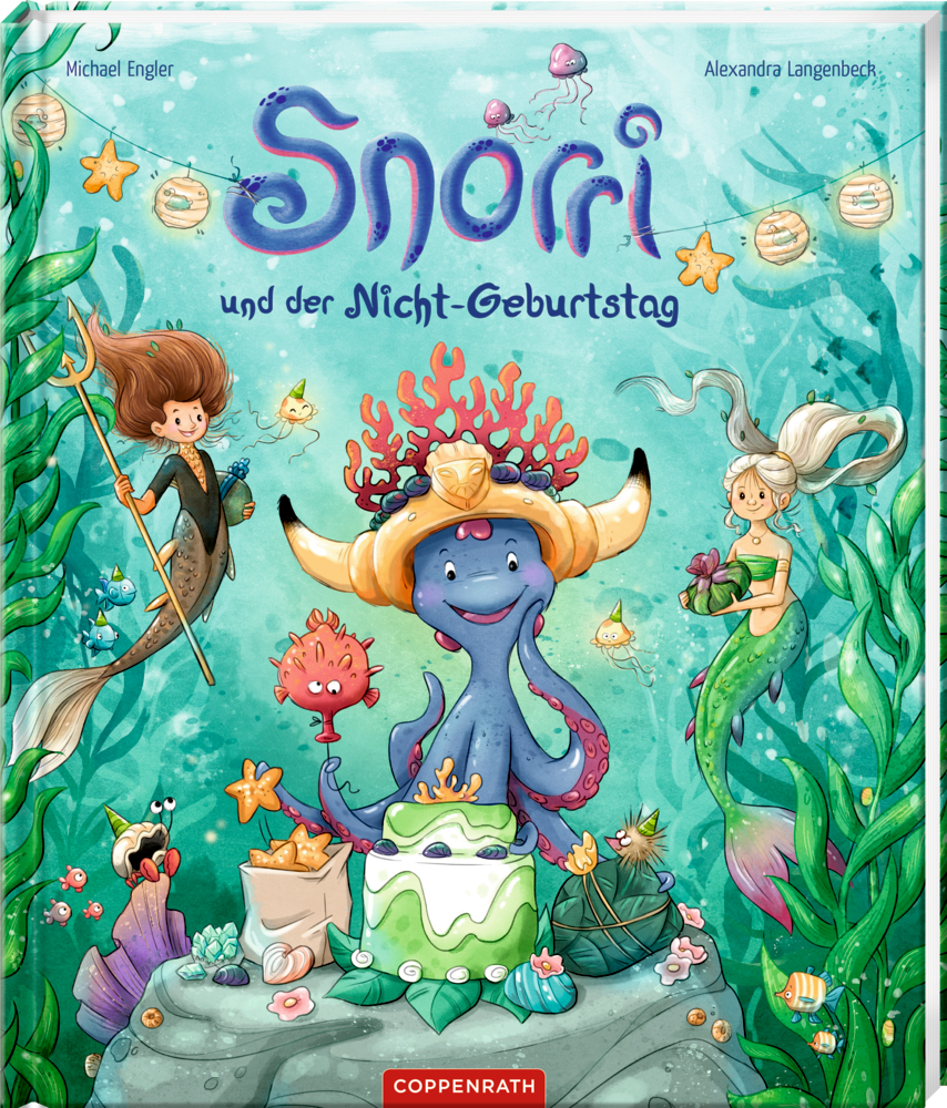 "Snorri und der Nicht-Geburtstag" illustriertes Cover mit Meereslebewesen und einer dekorierten Torte unter dem Meer.