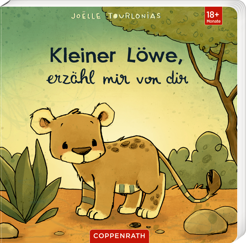 Illustriertes Kinderbuchcover mit einem Löwenjungen in Savannen-Landschaft.