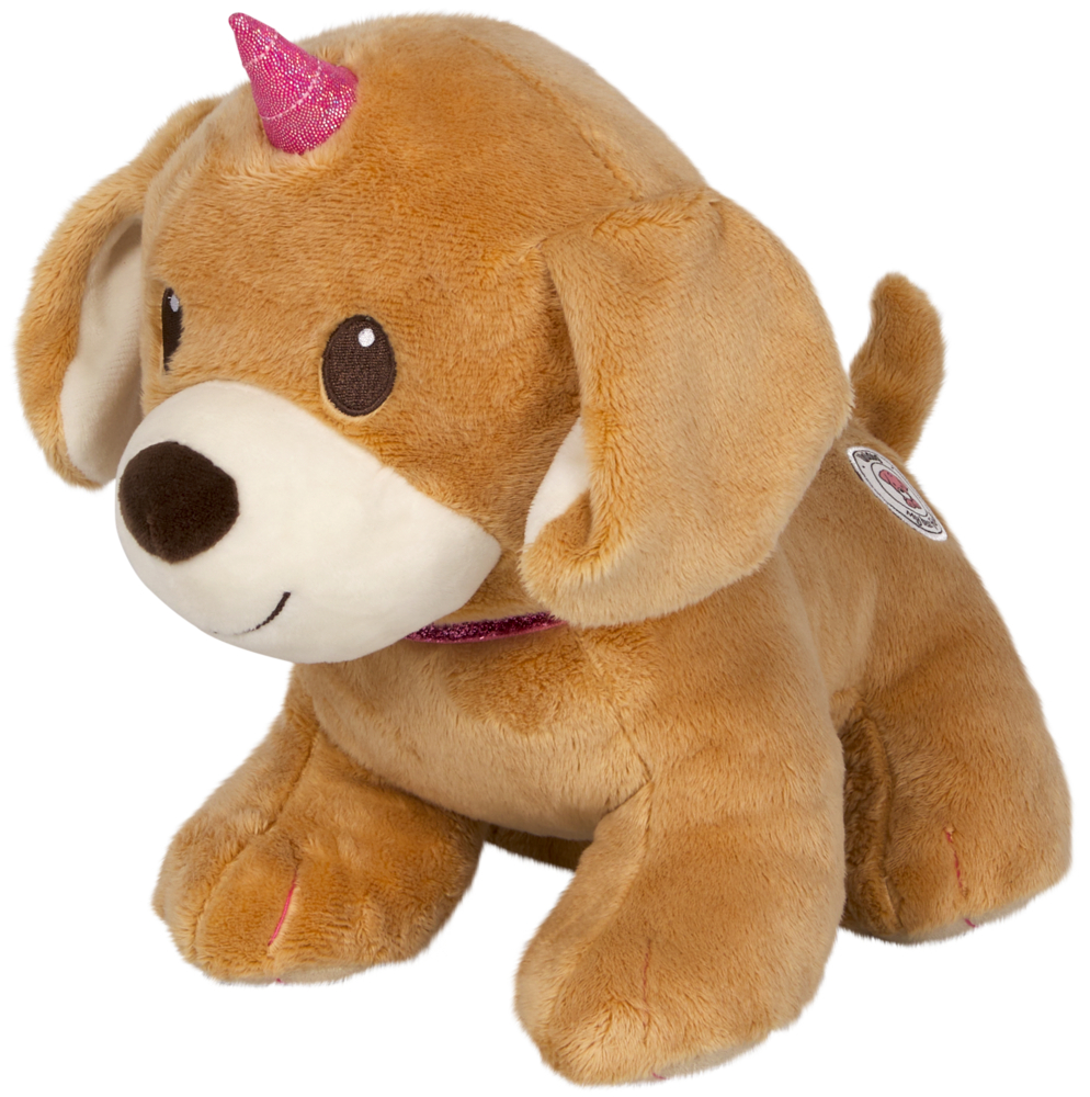 Hellbrauner Plüsch-Hund mit Schlappohren, pinkem Einhornhorn und Glitzer-Halsband, aufrecht sitzend.