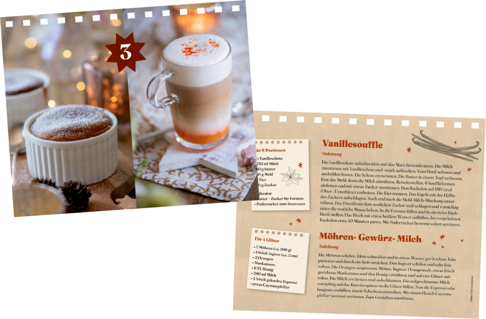 Zwei Dessertsoufflés in weißen Förmchen und ein Latte-Macchiato-Getränk mit Milchschaum neben einem Rezepttext für Vanillesoufflé und Gewürzmilch.