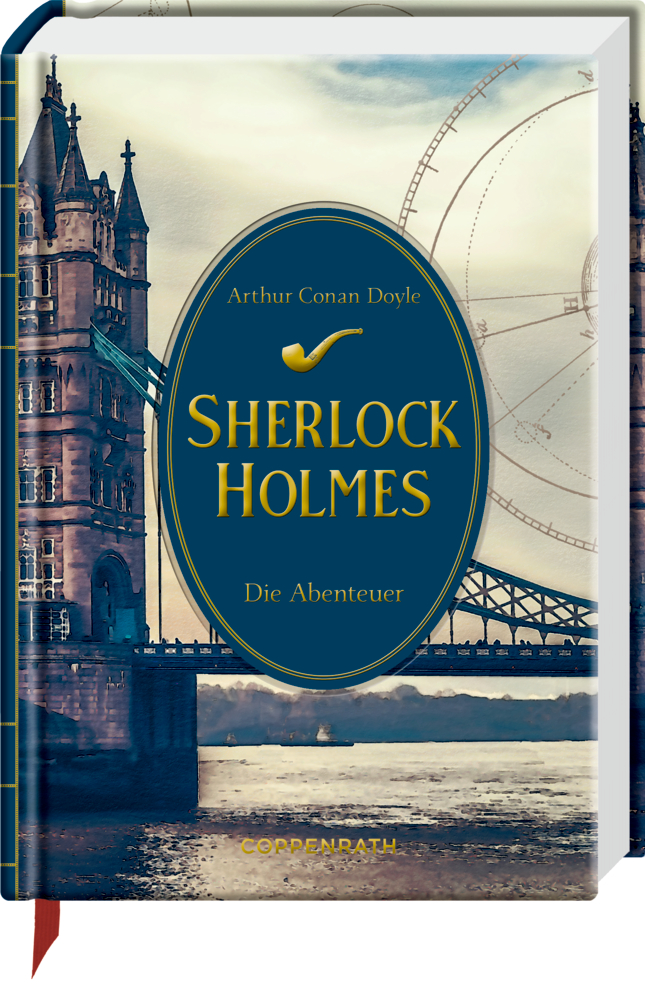 Buchcover von „Sherlock Holmes: Die Abenteuer“ mit der Tower Bridge in London und einem Zifferblatt im Hintergrund.