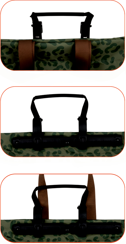 Braune Träger und schwarze Halterung einer Tasche in drei Ansichten.