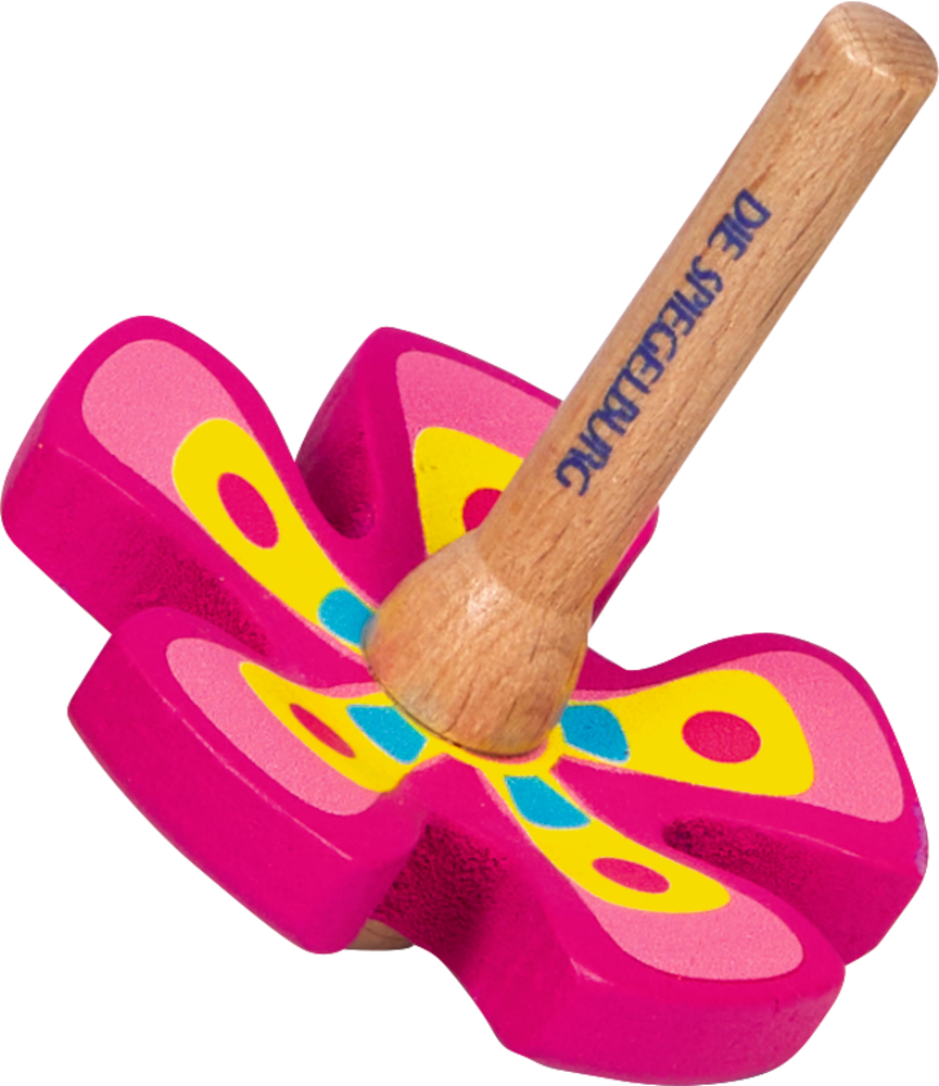 Bunter Holzkreisel mit pink-gelbem Blütenmotiv und naturfarbenem Griff mit blauer Aufschrift.