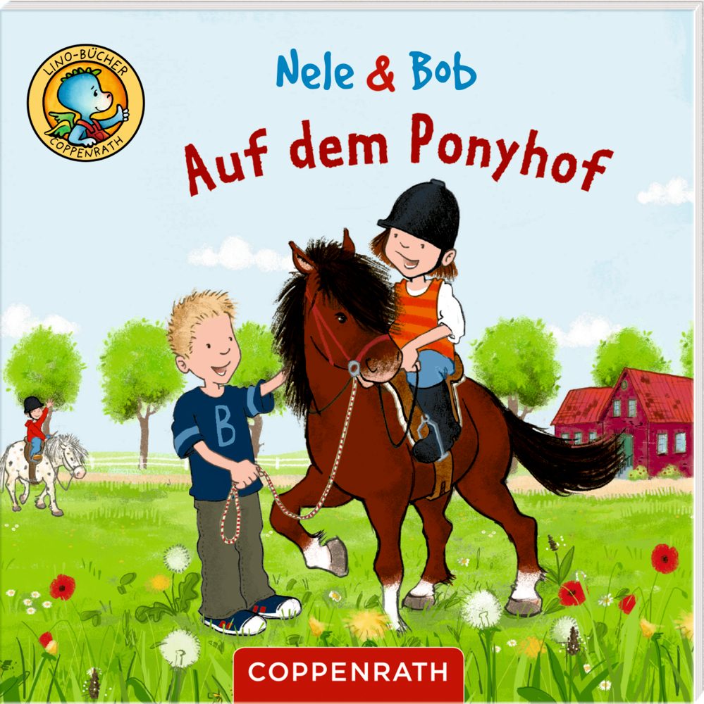 Buchcover: Mädchen reitet auf einem Pony, während Junge neben ihr auf einer Wiese steht; im Hintergrund ist ein Bauernhaus zu sehen.