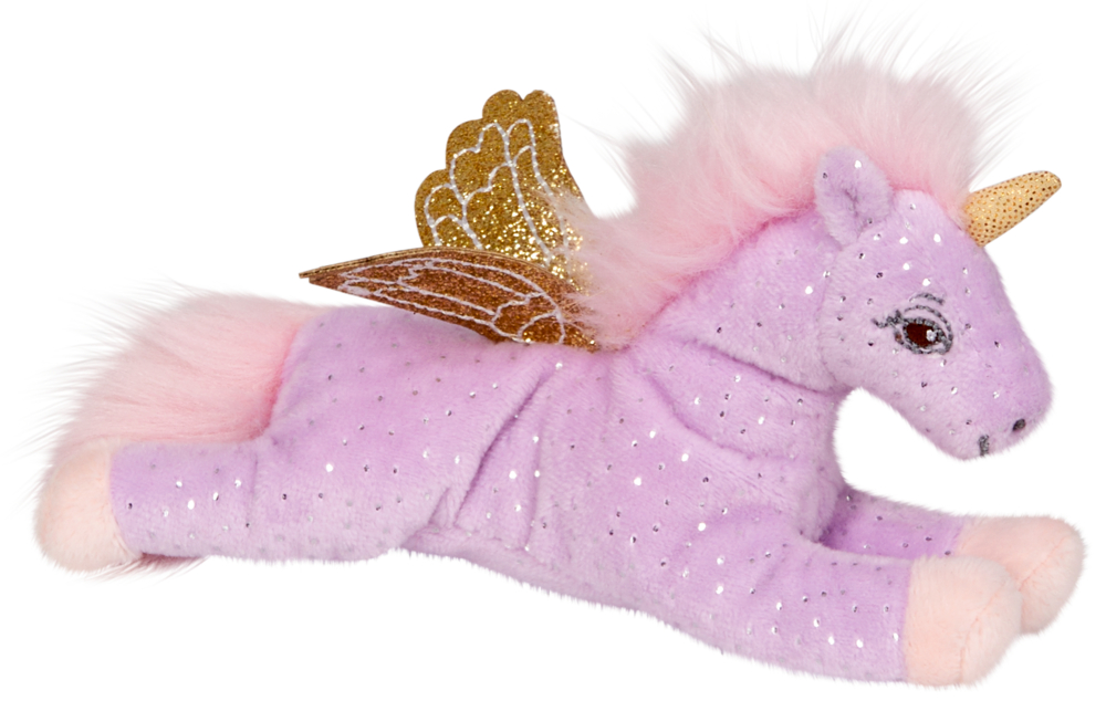 Plüschiges lila Einhorn mit rosa Mähne, goldenem Horn und glitzernden goldenen Flügeln liegt auf dem Bauch.