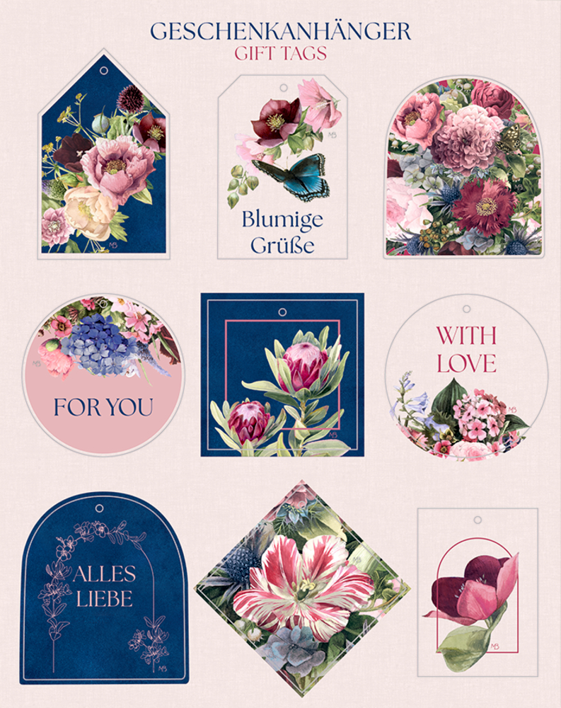 Neun Geschenkanhänger mit verschiedenen floralen Motiven und teils englischen und deutschen Grußtexten auf farbigen Hintergründen.