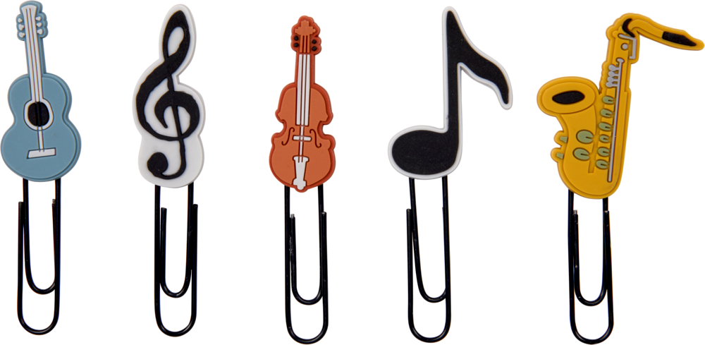 Fünf Büroklammern mit Formen von Gitarre, Violinschlüssel, Violine, Note und Saxophon.
