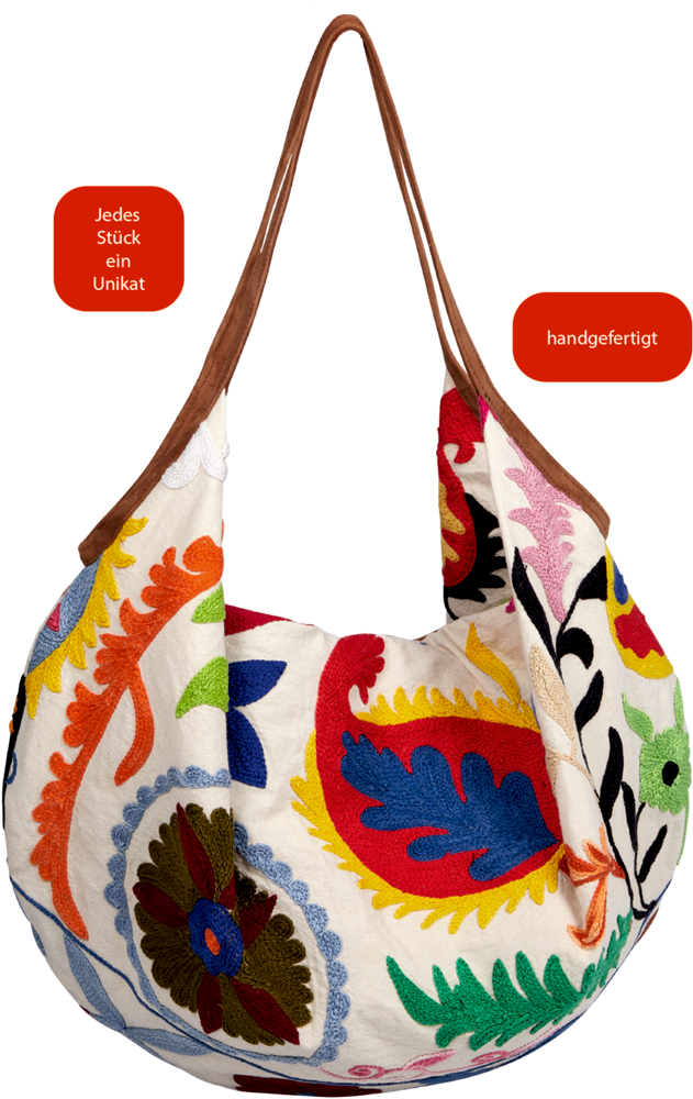 Beuteltasche mit braunen Trägern und bunter Stickerei auf cremefarbenem Stoff, Text im Bild: „Jedes Stück ein Unikat“, „handgefertigt“.