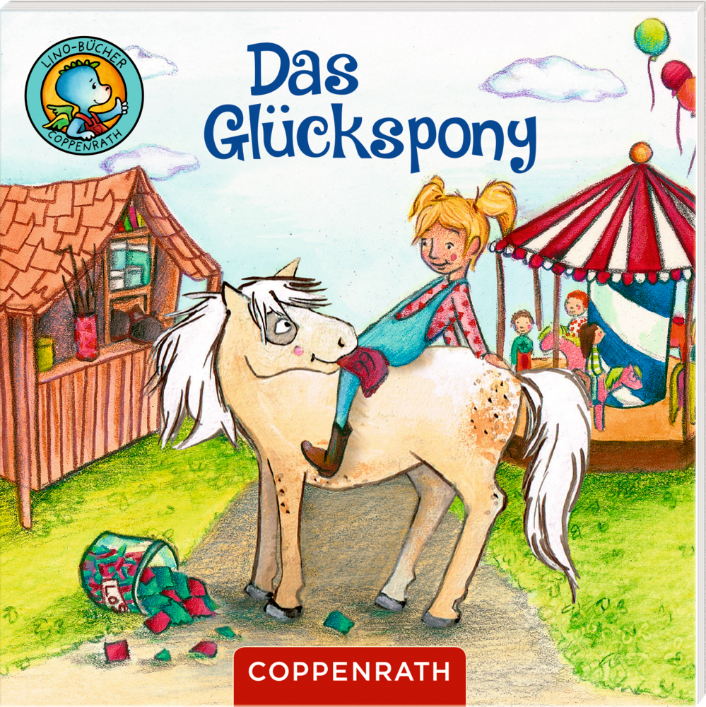 Buchcover: Lächelndes Mädchen mit Zöpfen reitet auf einem weißen Pony in der Nähe eines Karussells.